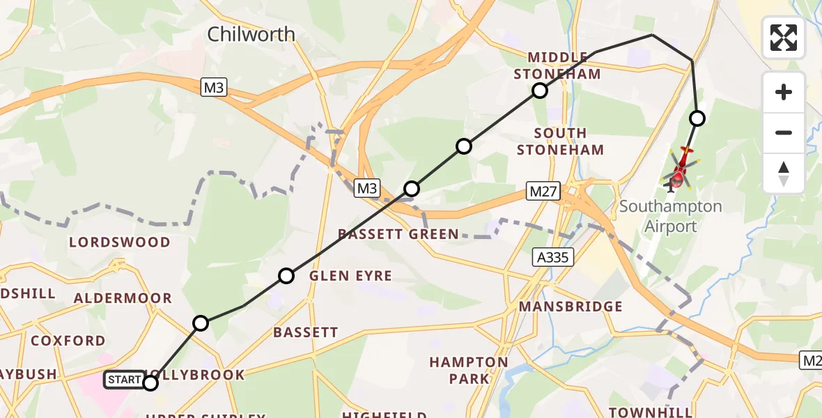 Flight route Air Ambulance Helicopter University Hospital Southampton - Southampton Airport, 29 September 2026, 16:14