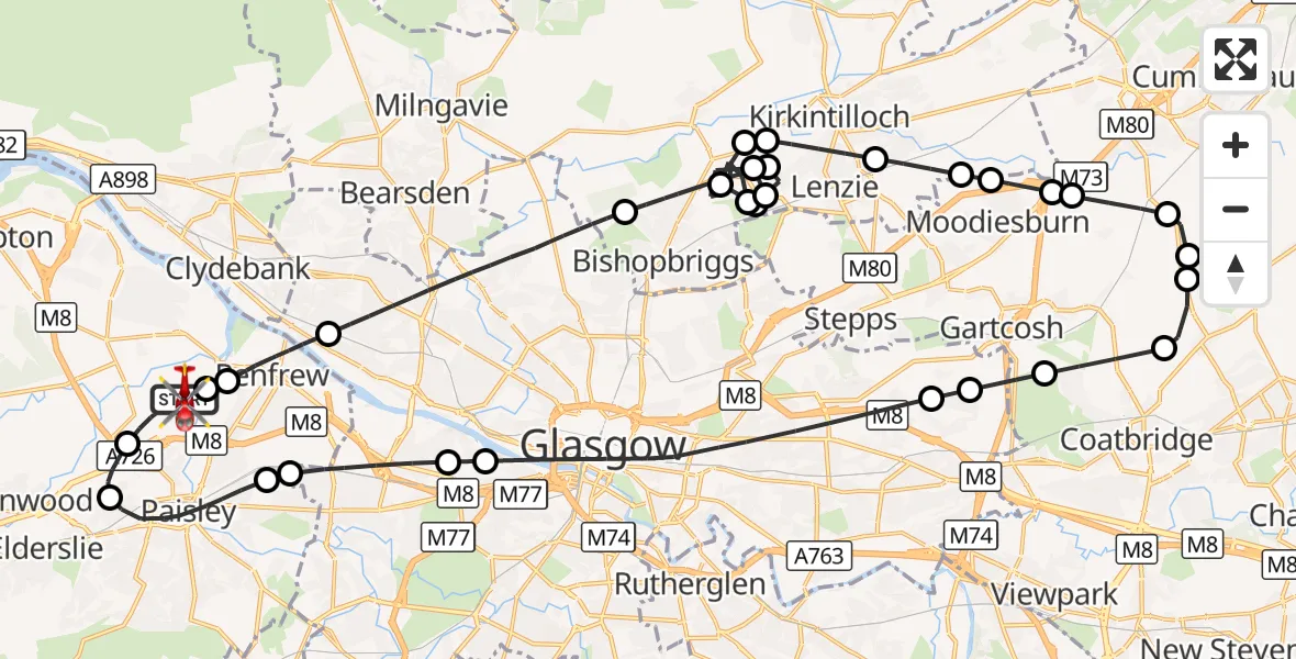 Flight route Air Ambulance Helicopter Glasgow Airport - Glasgow Airport, 29 September 2026, 16:23