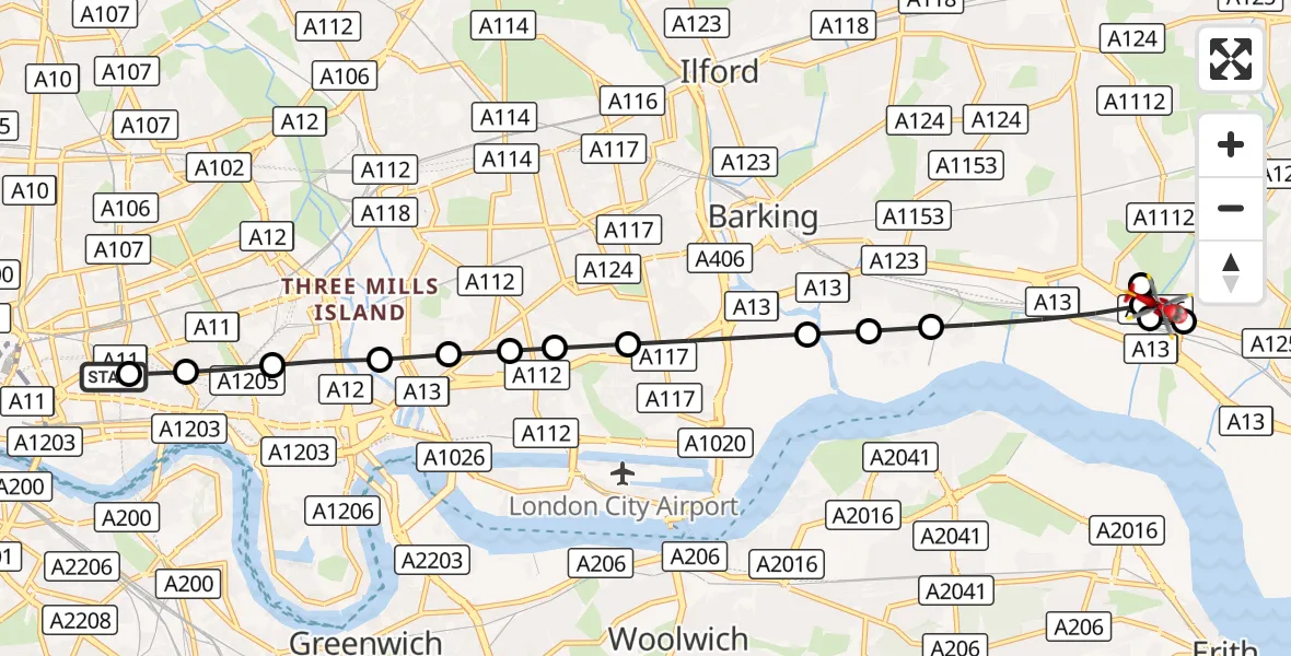 Flight route Air Ambulance Helicopter Royal London Hospital - Dagenham, 29 September 2026, 16:24