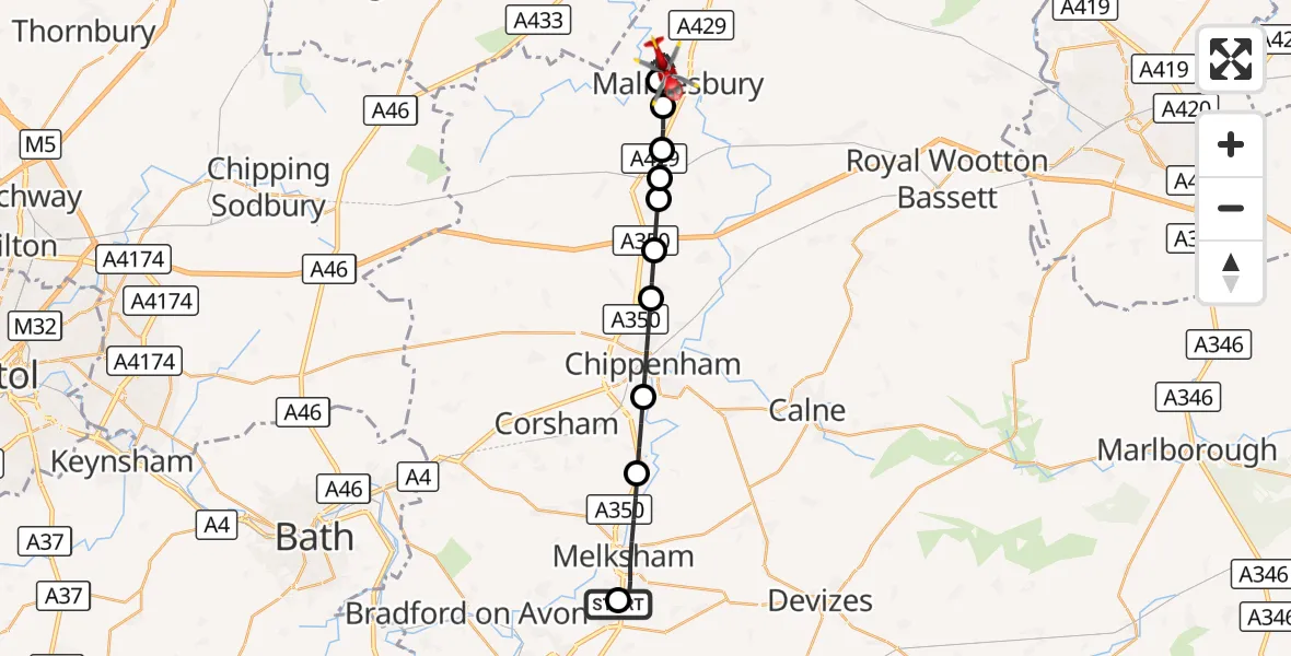 Flight route Air Ambulance Helicopter Wiltshire Air Ambulance - Malmesbury, 29 September 2026, 16:44