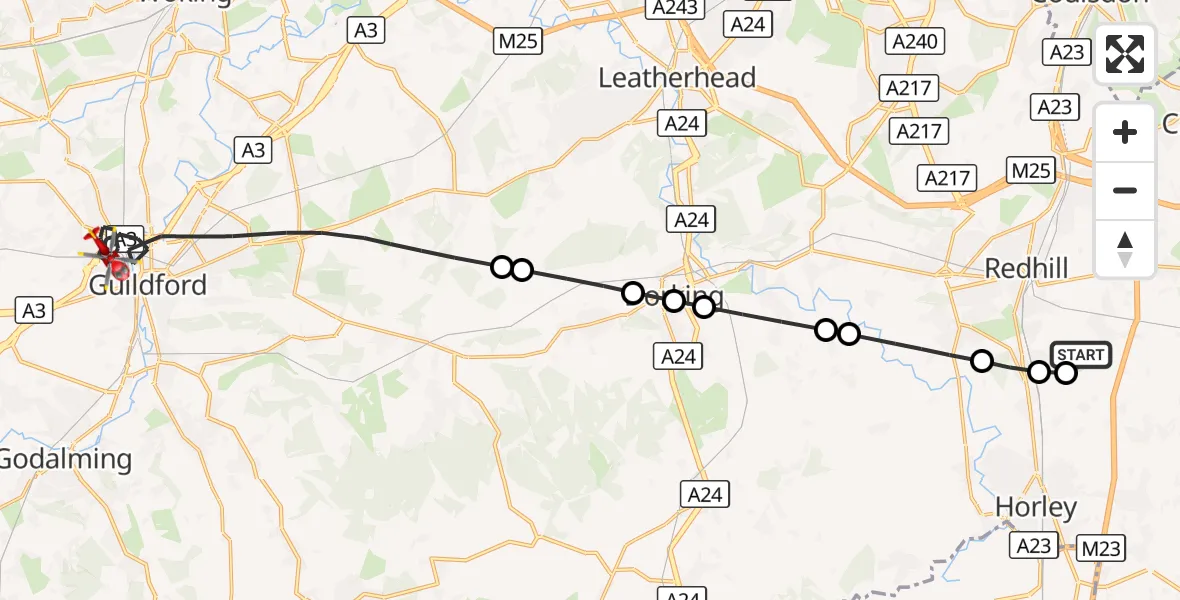 Flight route Air Ambulance Helicopter Redhill Aerodrome - Guildford, 29 September 2026, 16:48