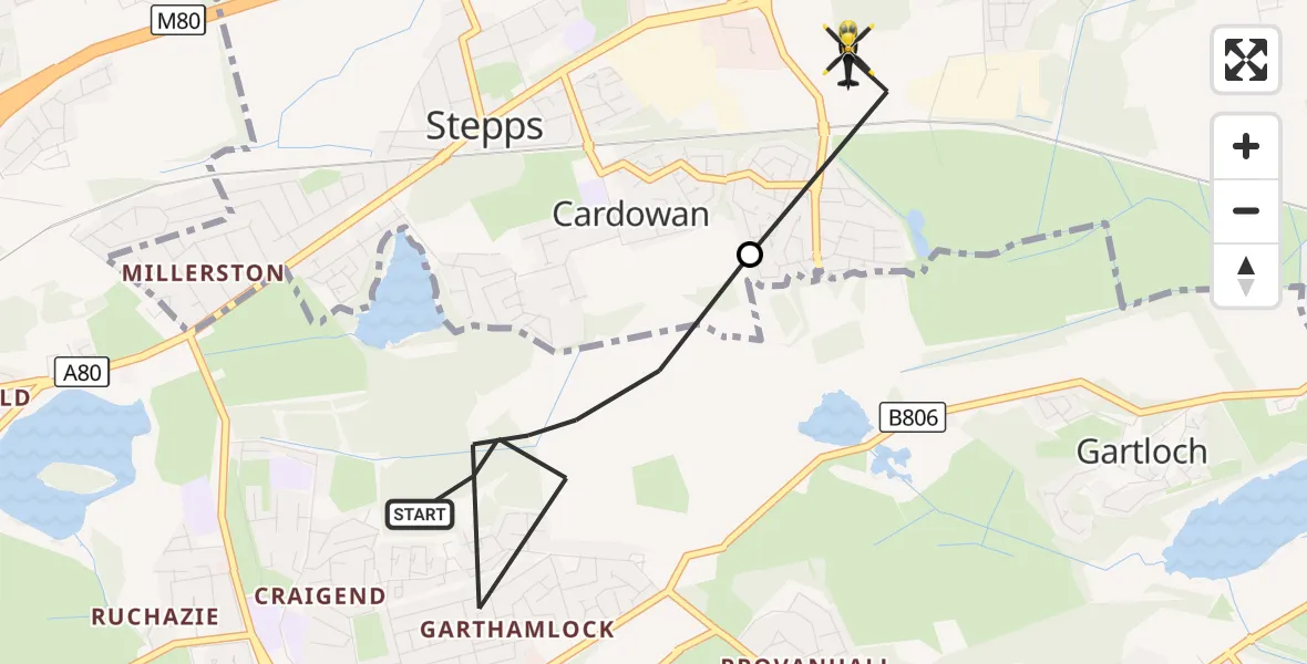 Flight route Police Helicopter Glasgow - Stepps, 29 September 2026, 16:55