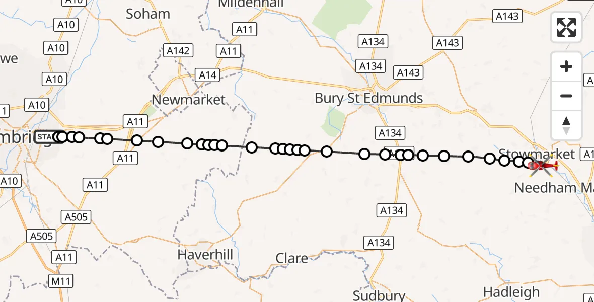 Flight route Air Ambulance Helicopter Cambridge City Airport - Stowmarket, 29 September 2026, 17:14