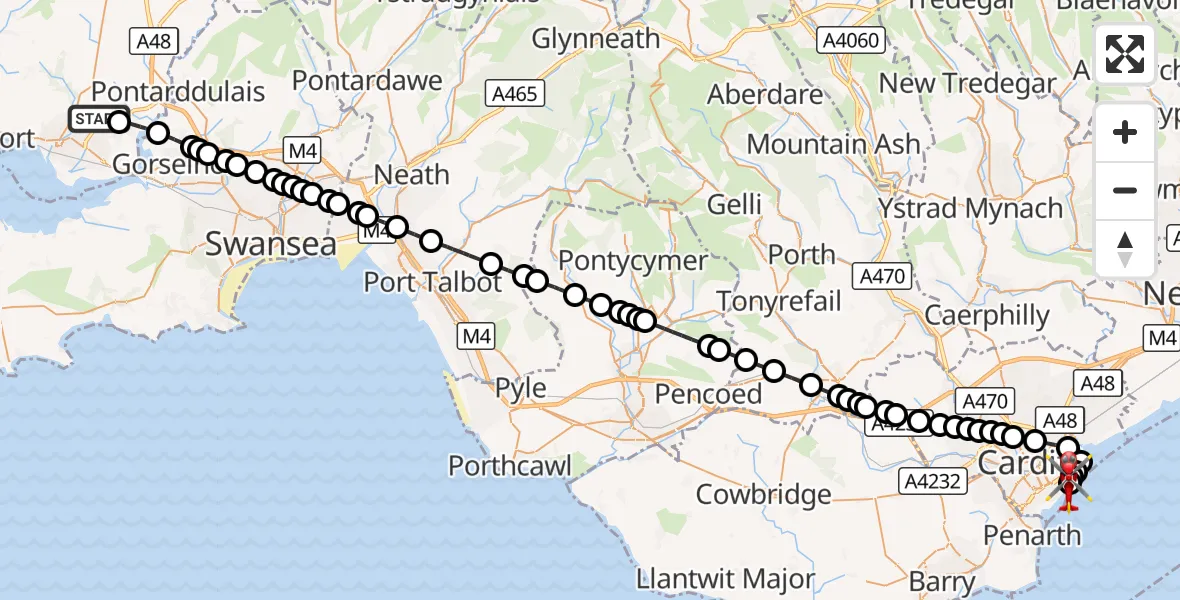 Flight route Air Ambulance Helicopter Dafen - Cardiff Heliport, 29 September 2026, 17:18