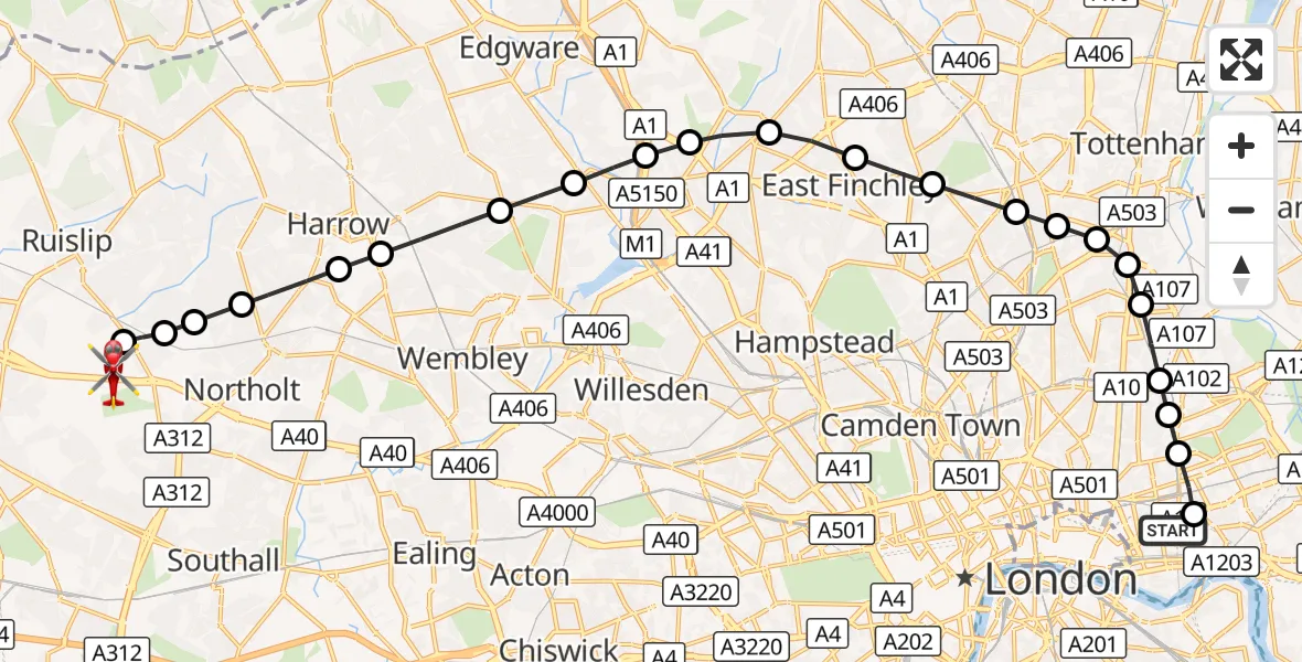 Flight route Air Ambulance Helicopter Royal London Hospital - RAF Northolt, 29 September 2026, 17:18
