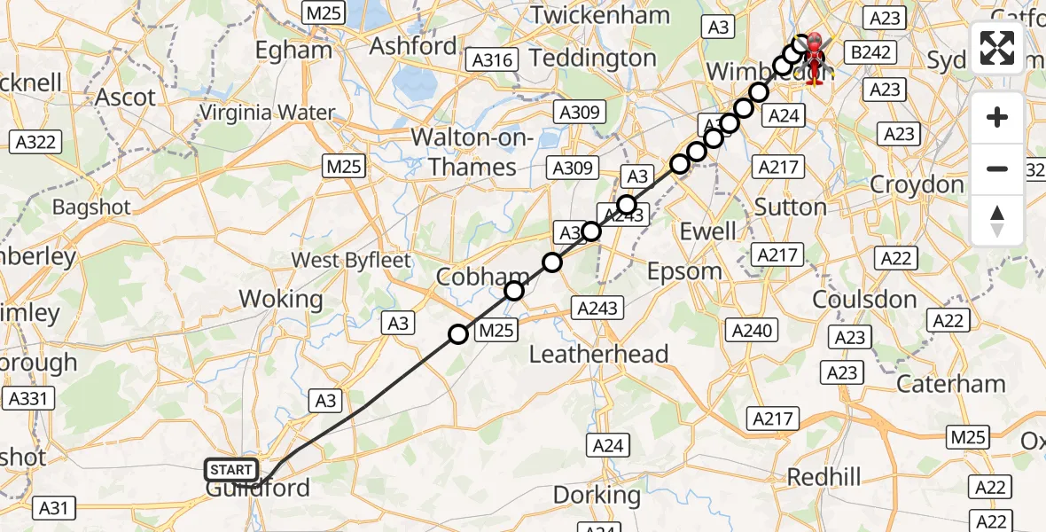 Flight route Air Ambulance Helicopter Guildford - St Georges Hospital, 29 September 2026, 17:45