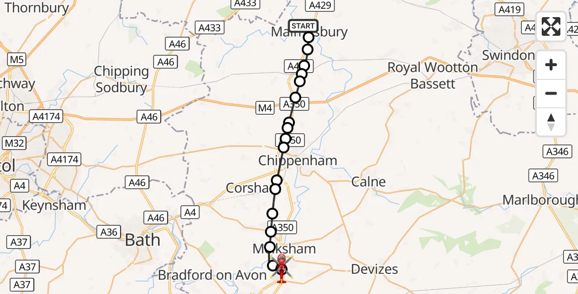 Flight route Air Ambulance Helicopter Malmesbury - Wiltshire Air Ambulance, 29 September 2026, 18:01