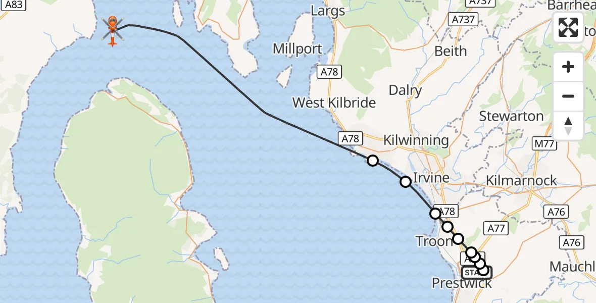 Flight route Coastguard Helicopter Glasgow Prestwick Airport - Inner Seas, 29 September 2026, 18:18