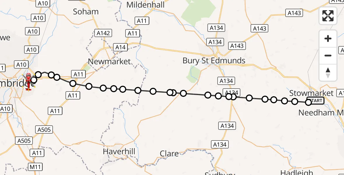 Flight route Air Ambulance Helicopter Stowmarket - Cambridge City Airport, 29 September 2026, 18:19