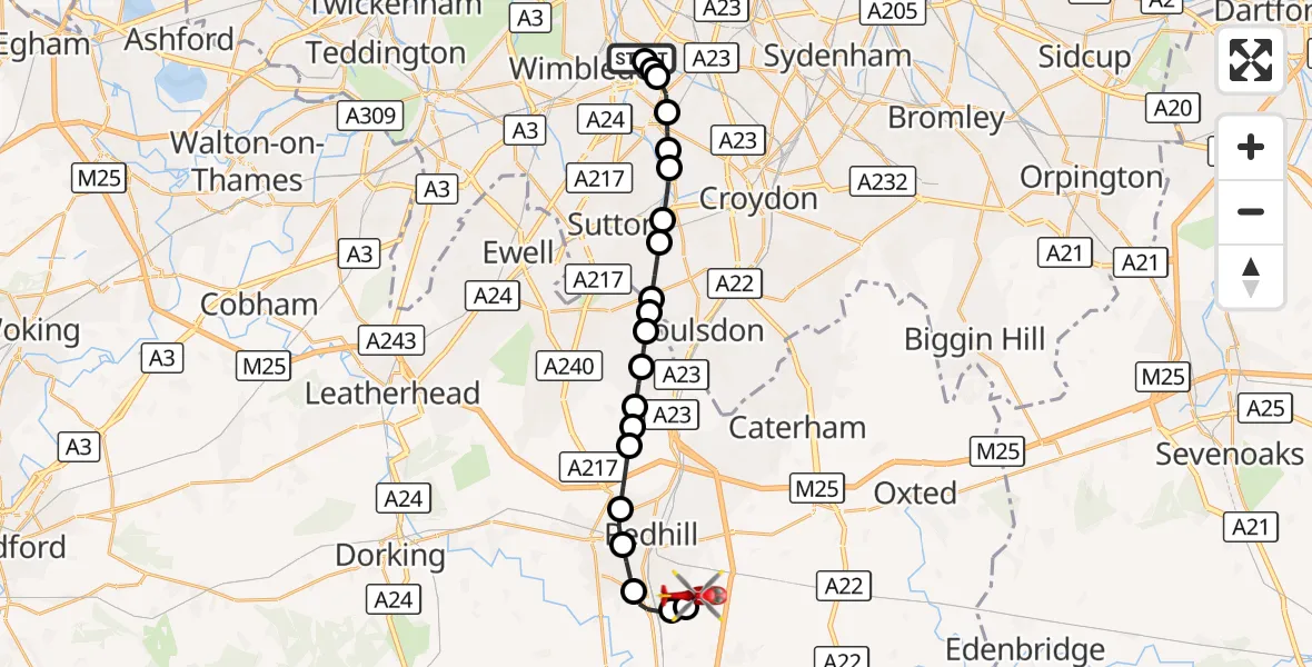 Flight route Air Ambulance Helicopter St Georges Hospital - Redhill Aerodrome, 29 September 2026, 18:49