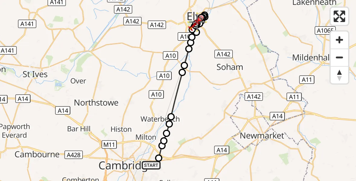 Flight route Air Ambulance Helicopter Cambridge City Airport - Ely, 29 September 2026, 18:51