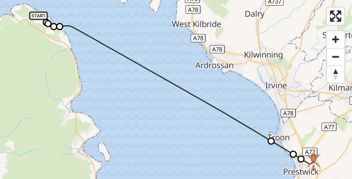 Flight route Coastguard Helicopter Cuithe - Glasgow Prestwick Airport, 29 September 2026, 19:12
