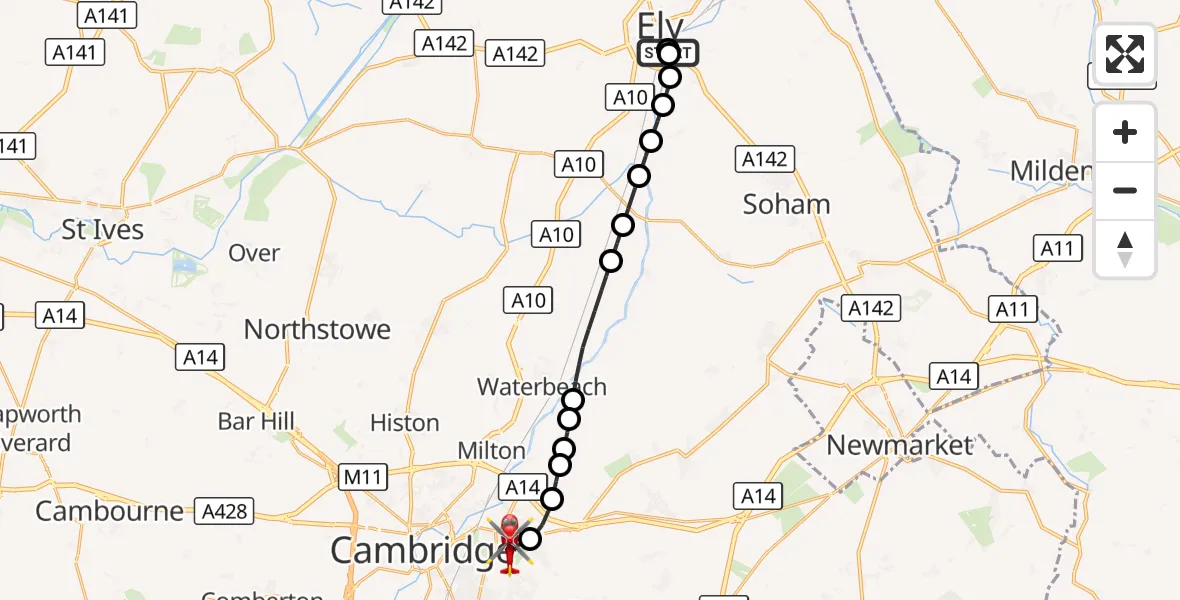 Flight route Air Ambulance Helicopter Stuntney - Cambridge City Airport, 29 September 2026, 19:16