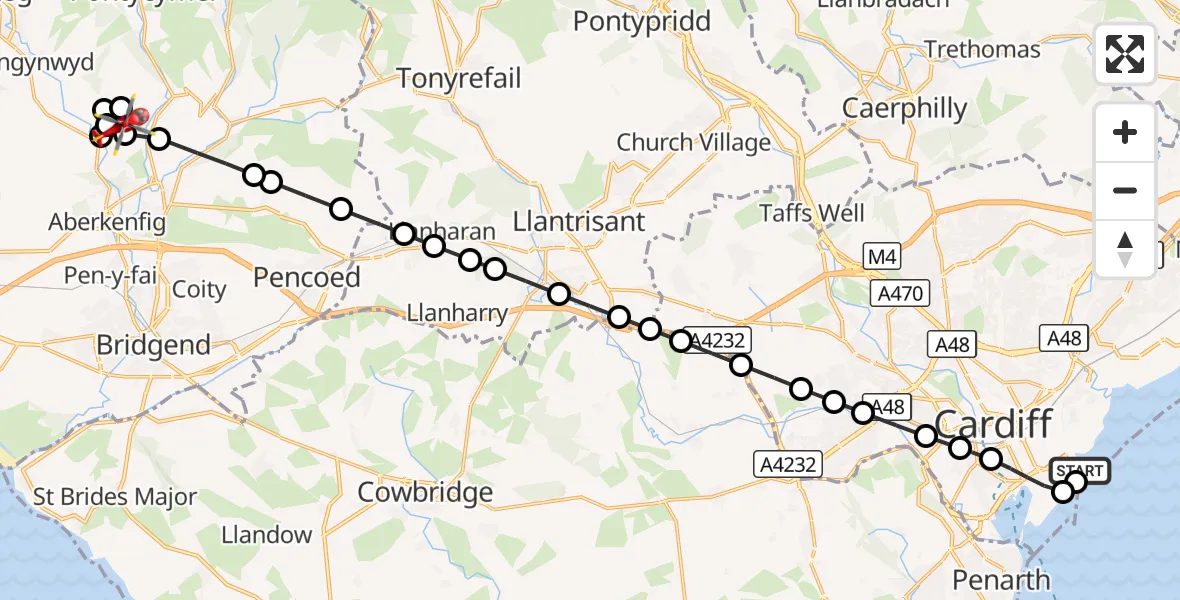Flight route Air Ambulance Helicopter Cardiff Heliport - Bettws, 29 September 2026, 19:36