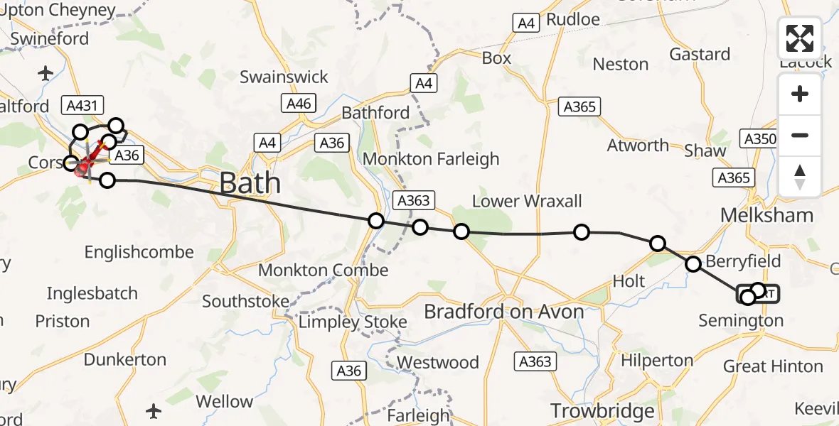 Flight route Air Ambulance Helicopter Wiltshire Air Ambulance - Newton St. Loe, 29 September 2026, 21:19