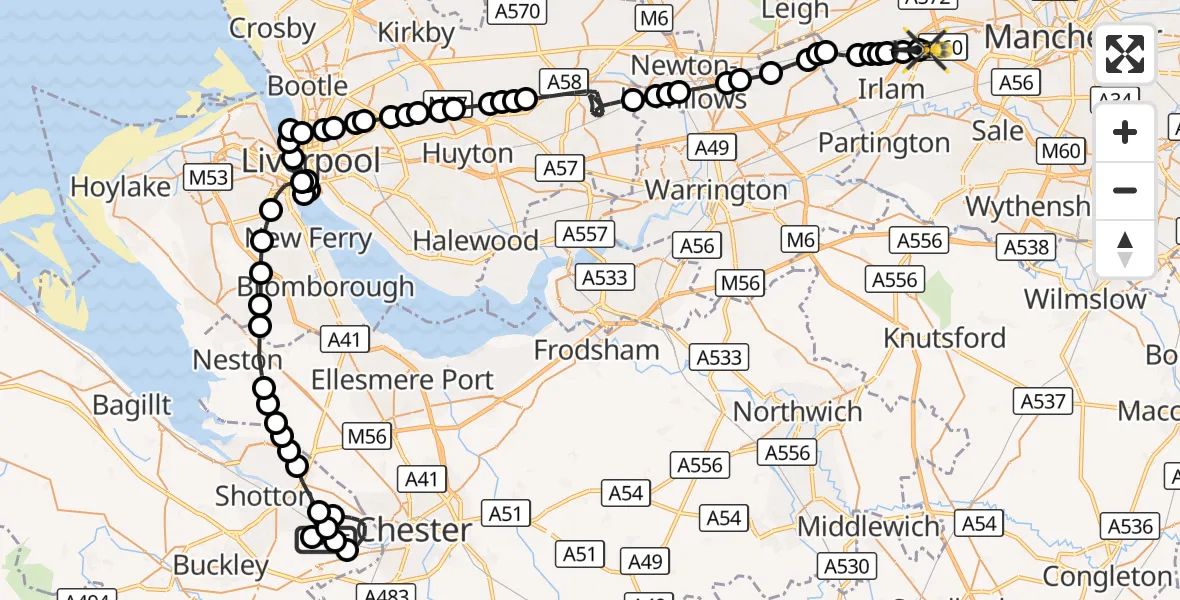 Flight route Police Helicopter Hawarden Airport - Manchester Barton Aerodrome, 29 September 2026, 21:23