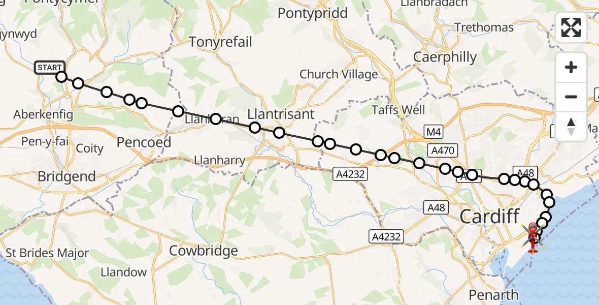 Flight route Air Ambulance Helicopter Bettws - Cardiff Heliport, 29 September 2026, 21:23