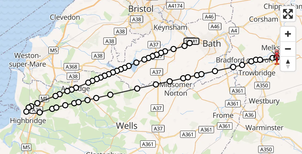 Flight route Air Ambulance Helicopter Newton St. Loe - Wiltshire Air Ambulance, 29 September 2026, 22:02