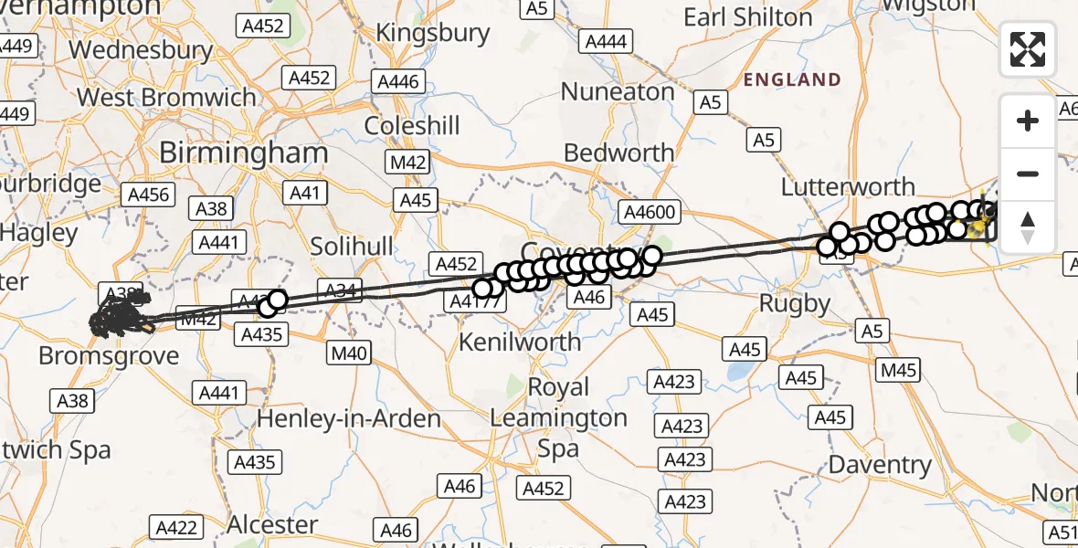 Flight route Police Helicopter Husbands Bosworth - Harborough, 30 September 2026, 01:42