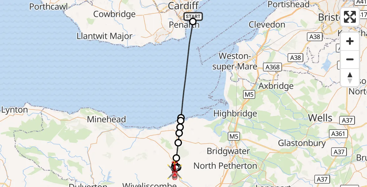 Flight route Air Ambulance Helicopter Cardiff Bay - Combe Florey, 30 September 2026, 06:08