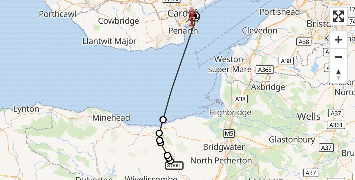 Flight route Air Ambulance Helicopter Combe Florey - Cardiff Heliport, 30 September 2026, 06:48