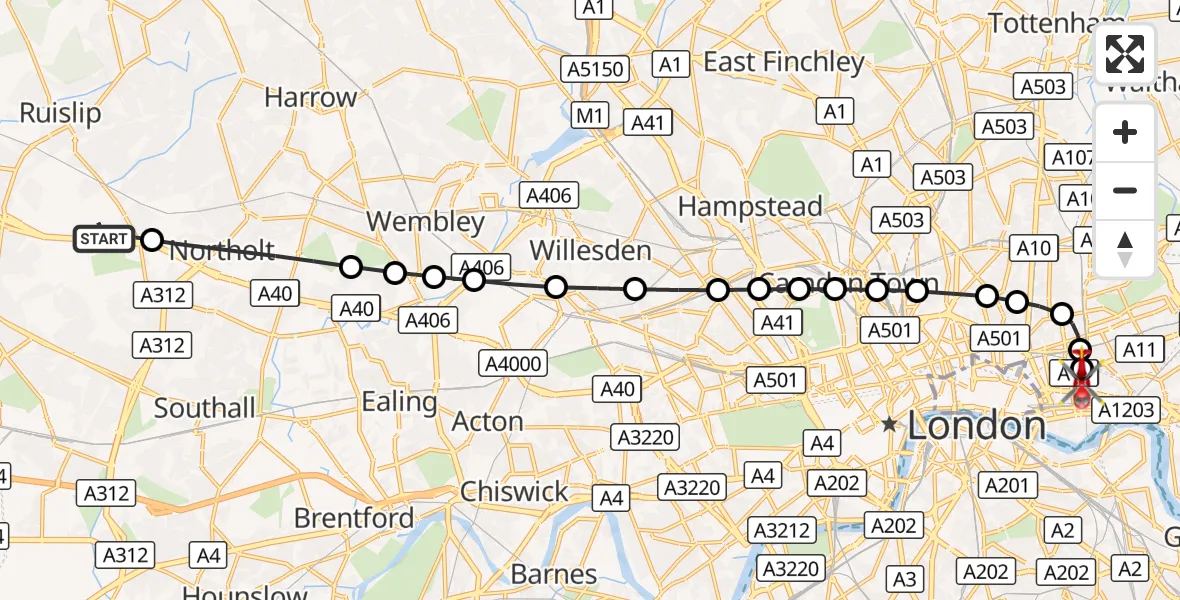 Flight route Air Ambulance Helicopter RAF Northolt - Royal London Hospital, 30 September 2026, 06:58