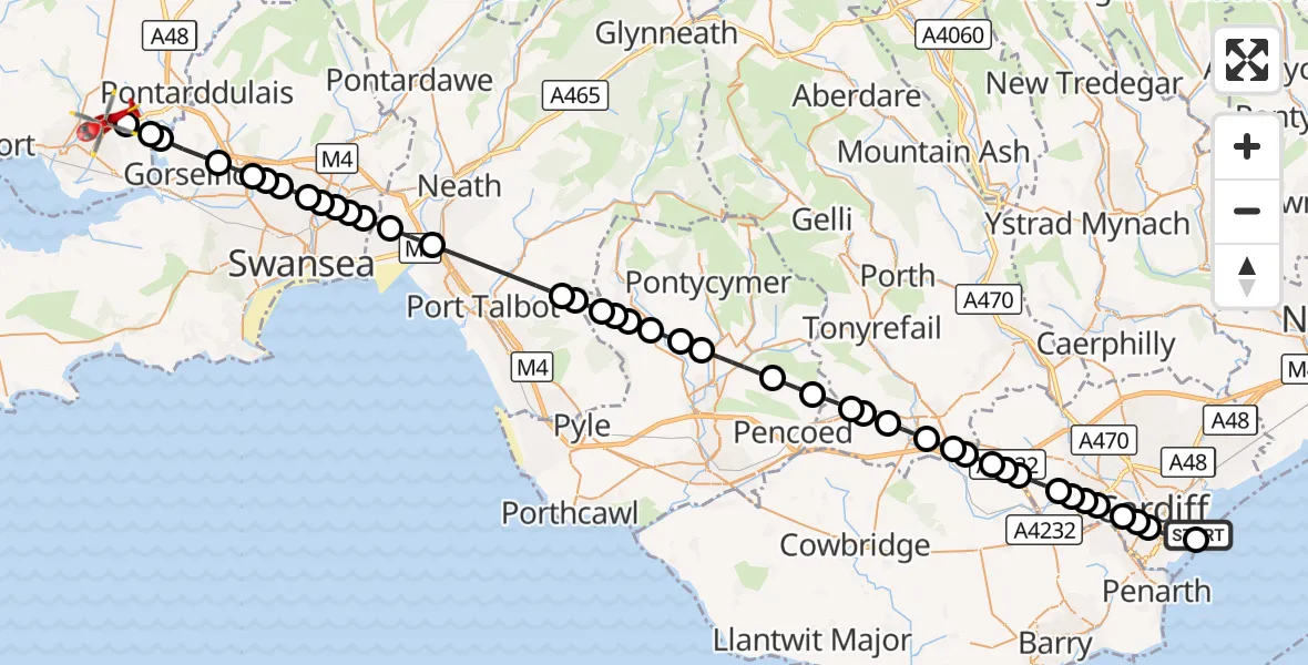 Flight route Air Ambulance Helicopter Cardiff Heliport - Dafen, 30 September 2026, 07:24