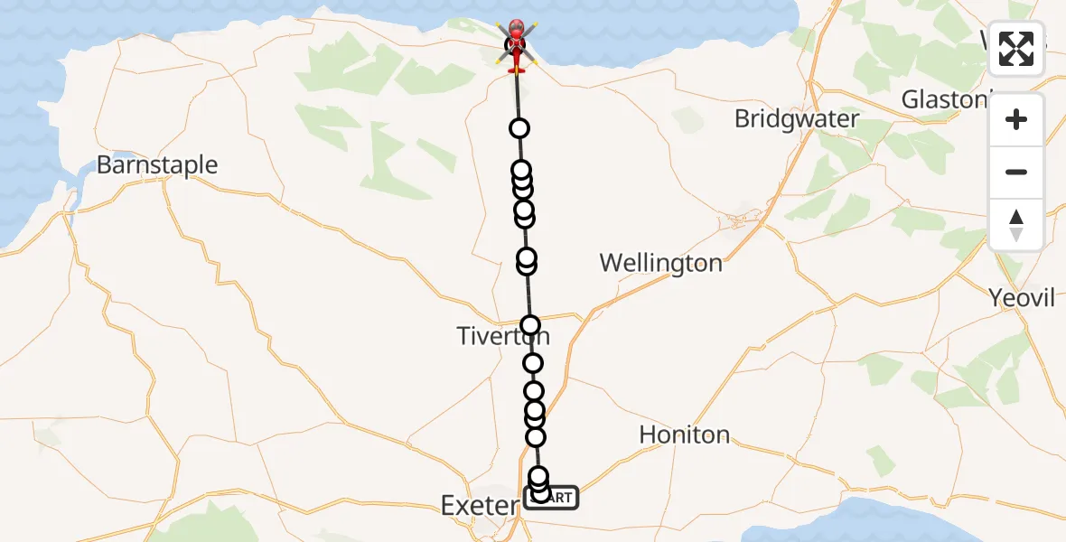 Flight route Air Ambulance Helicopter Exeter International Airport - Minehead, 30 September 2026, 07:28