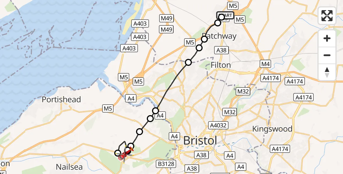 Flight route Air Ambulance Helicopter Almondsbury Helicopter Base - Bristol, 30 September 2026, 07:41