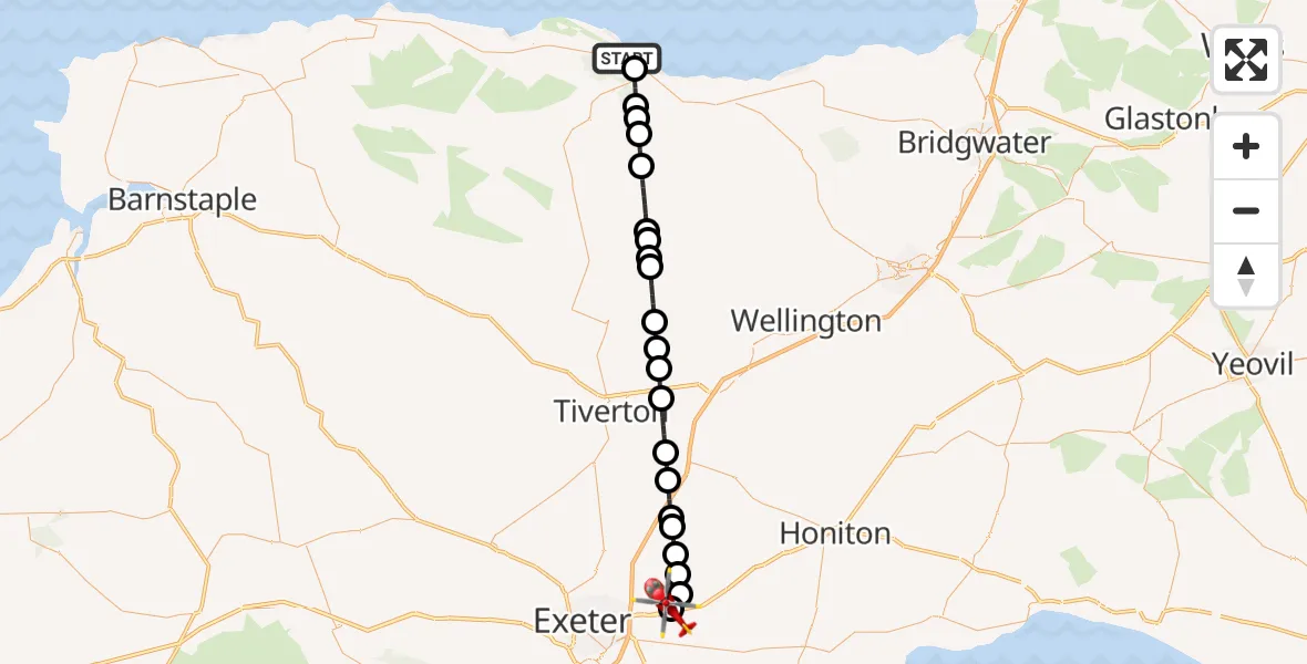 Flight route Air Ambulance Helicopter Minehead - Exeter International Airport, 30 September 2026, 08:26