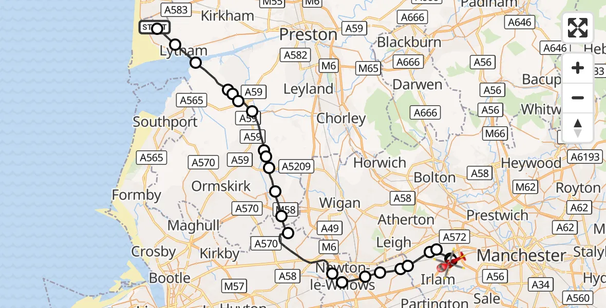 Flight route Air Ambulance Helicopter Blackpool Airport - Manchester Barton Aerodrome, 30 September 2026, 08:26