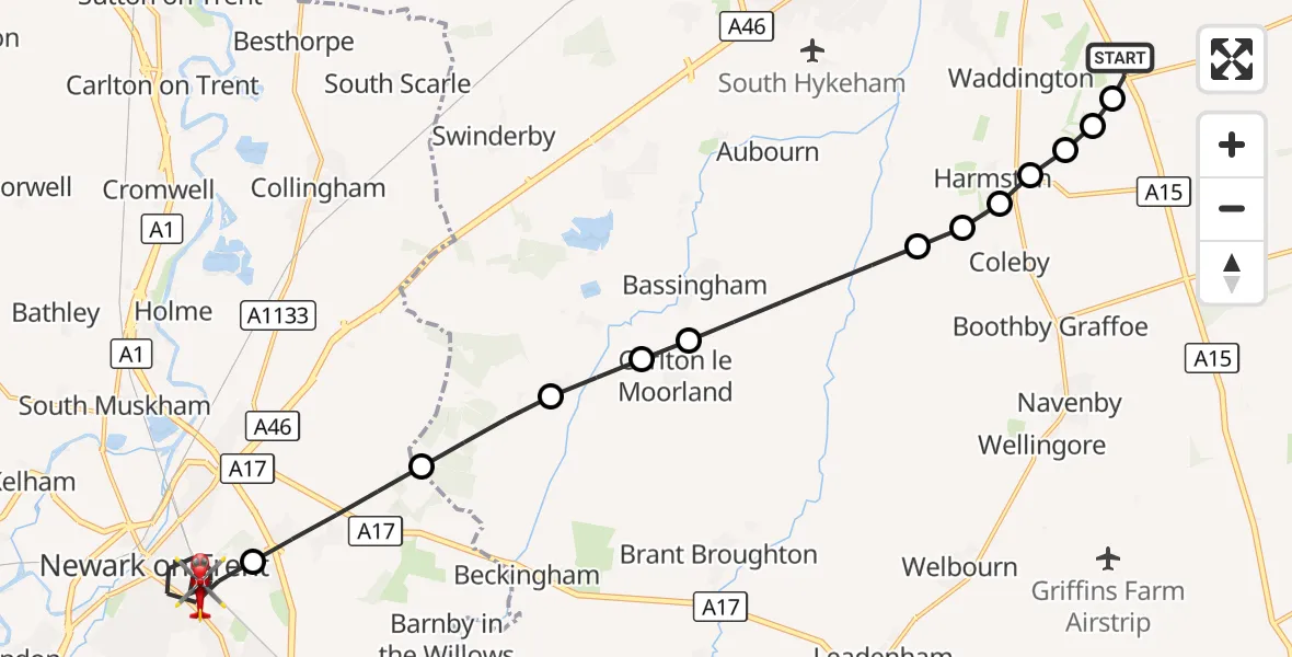 Flight route Air Ambulance Helicopter RAF Waddington - Newark on Trent, 30 September 2026, 08:30