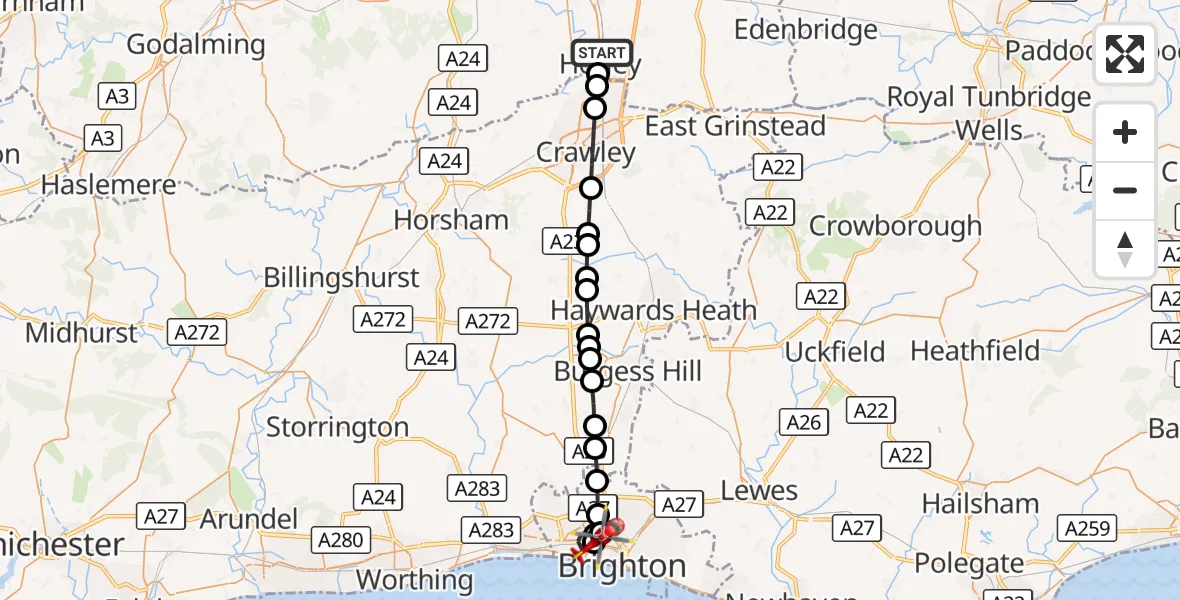 Flight route Air Ambulance Helicopter Horley - Brighton, 30 September 2026, 09:09