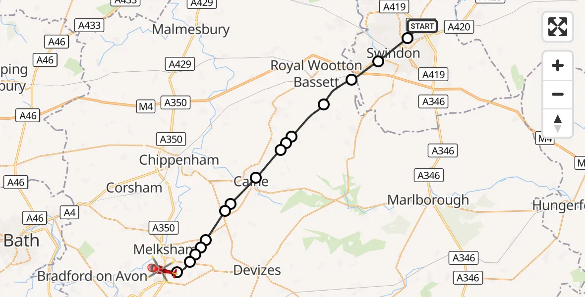 Flight route Air Ambulance Helicopter Stratton St. Margaret - Wiltshire Air Ambulance, 30 September 2026, 09:12