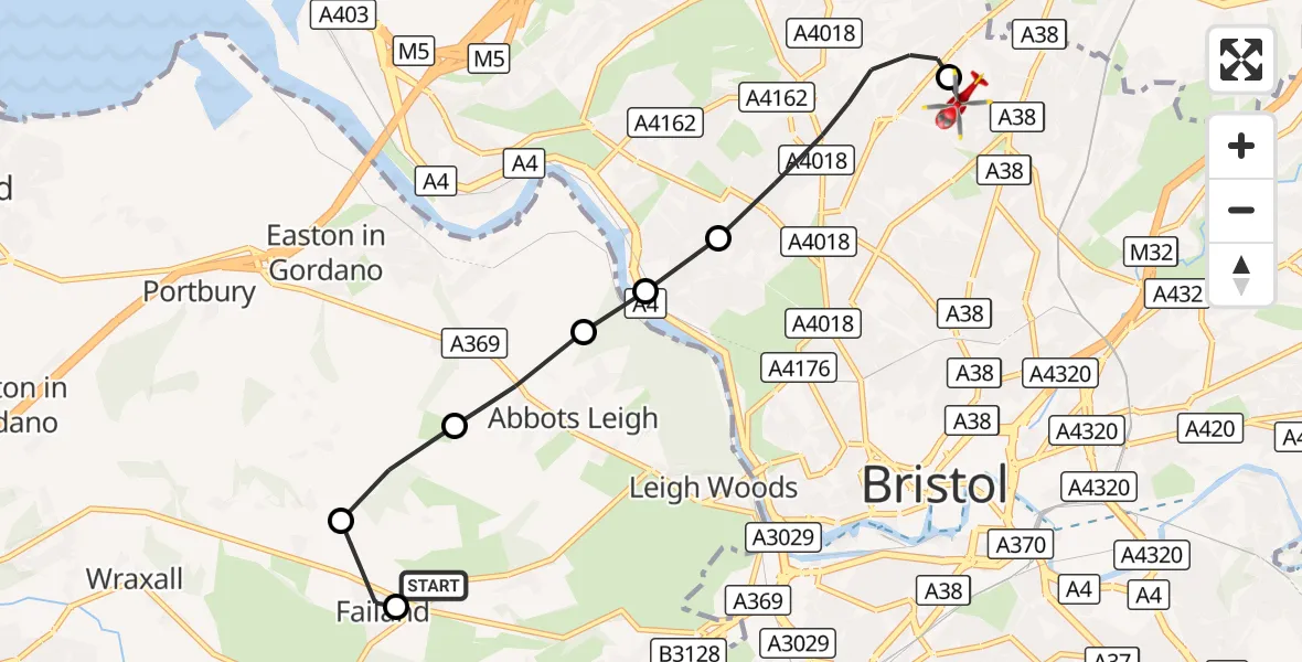 Flight route Air Ambulance Helicopter Long Ashton - Bristol, 30 September 2026, 09:26
