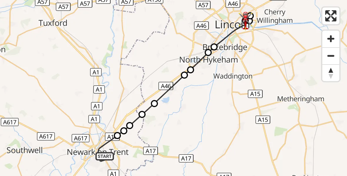 Flight route Air Ambulance Helicopter Newark on Trent - Bracebridge, 30 September 2026, 09:45