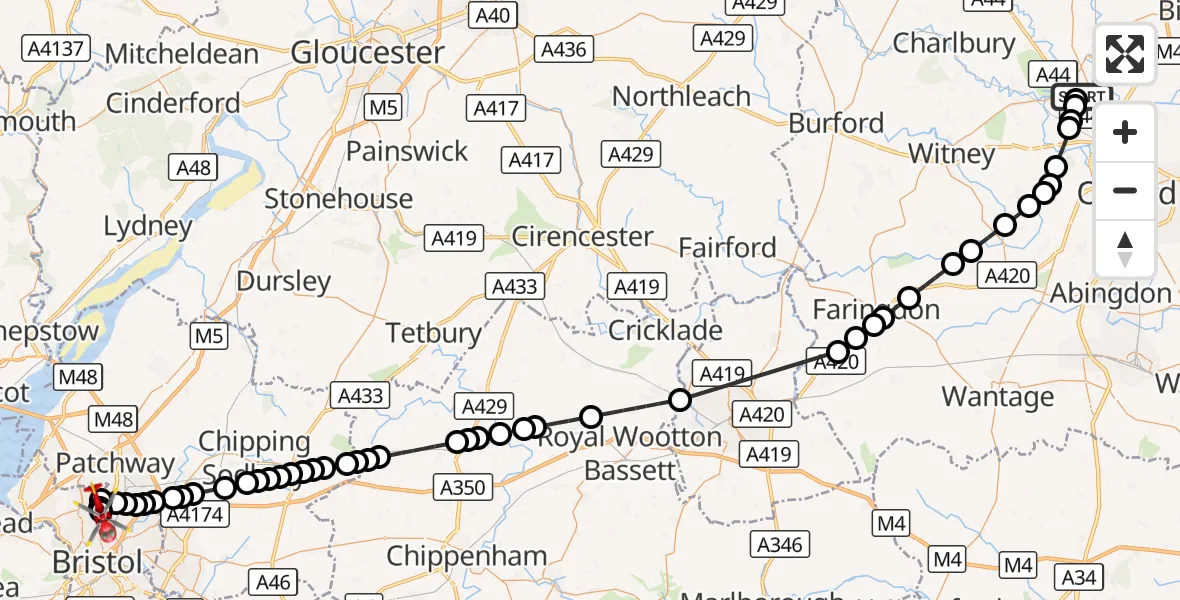 Flight route Air Ambulance Helicopter London Oxford Airport - Bristol, 30 September 2026, 10:02