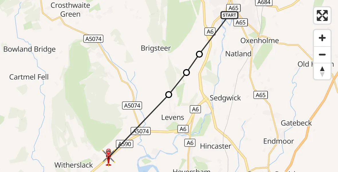 Flight route Air Ambulance Helicopter Kendal - Mill Side, 30 September 2026, 10:02