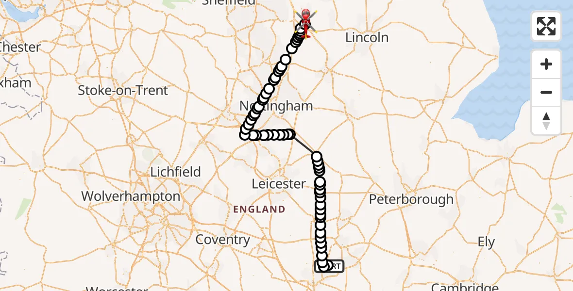 Flight route Air Ambulance Helicopter Sywell Aerodrome - Retford Gamston Airport, 30 September 2026, 10:10