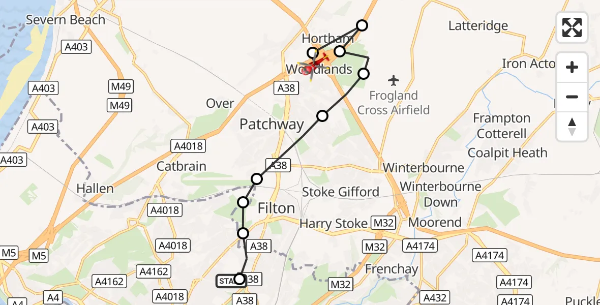 Flight route Air Ambulance Helicopter Southmead Hospital - Almondsbury Helicopter Base, 30 September 2026, 10:14
