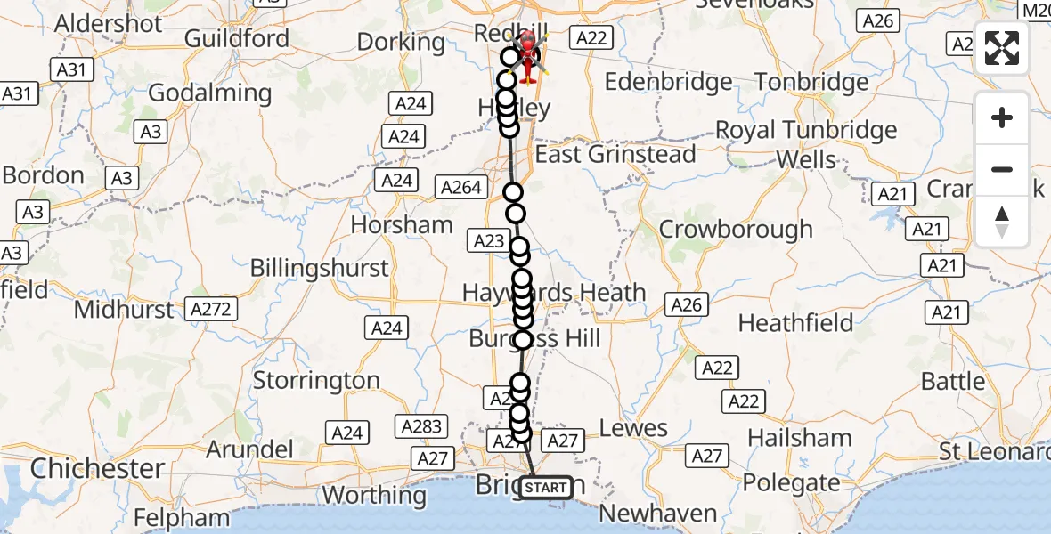 Flight route Air Ambulance Helicopter Brighton - Redhill Aerodrome, 30 September 2026, 10:56