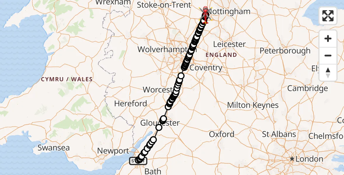 Flight route Air Ambulance Helicopter Southmead Hospital - Royal Derby Trauma Unit, 30 September 2026, 11:01