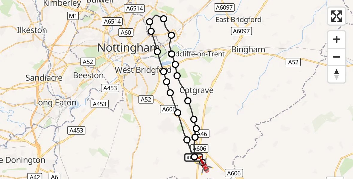 Flight route Air Ambulance Helicopter Widmerpool - Nottingham Heliport, 30 September 2026, 11:01