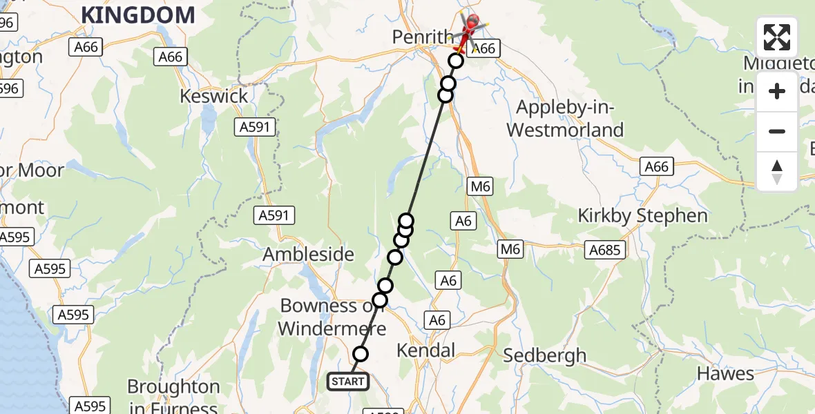Flight route Air Ambulance Helicopter Bowland Bridge - Brougham, 30 September 2026, 11:18