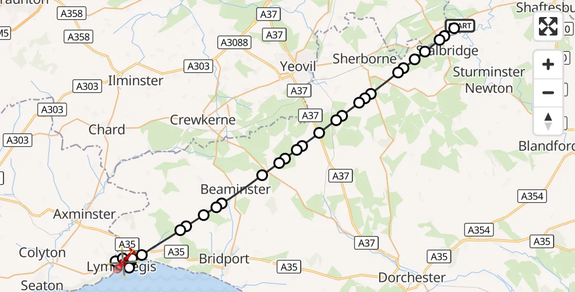 Flight route Air Ambulance Helicopter Henstridge Airfield - Lyme Regis, 30 September 2026, 11:25