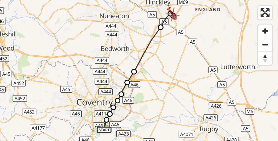 Flight route Air Ambulance Helicopter Coventry Airport - Stretton Baskerville, 30 September 2026, 11:27