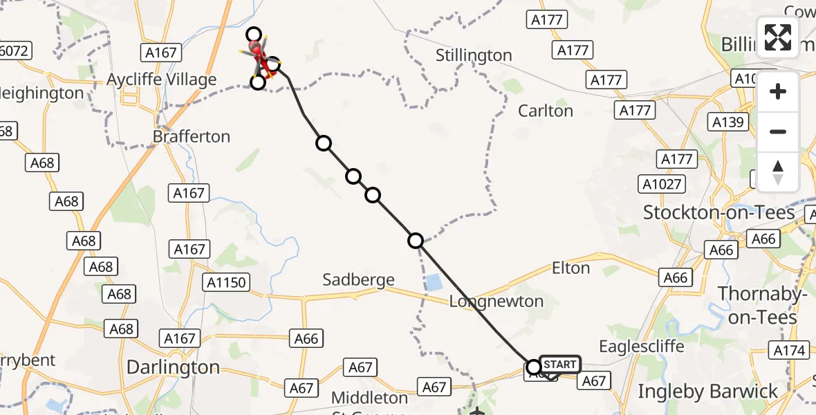 Flight route Air Ambulance Helicopter Egglescliffe - Preston le Skerne, 30 September 2026, 11:28