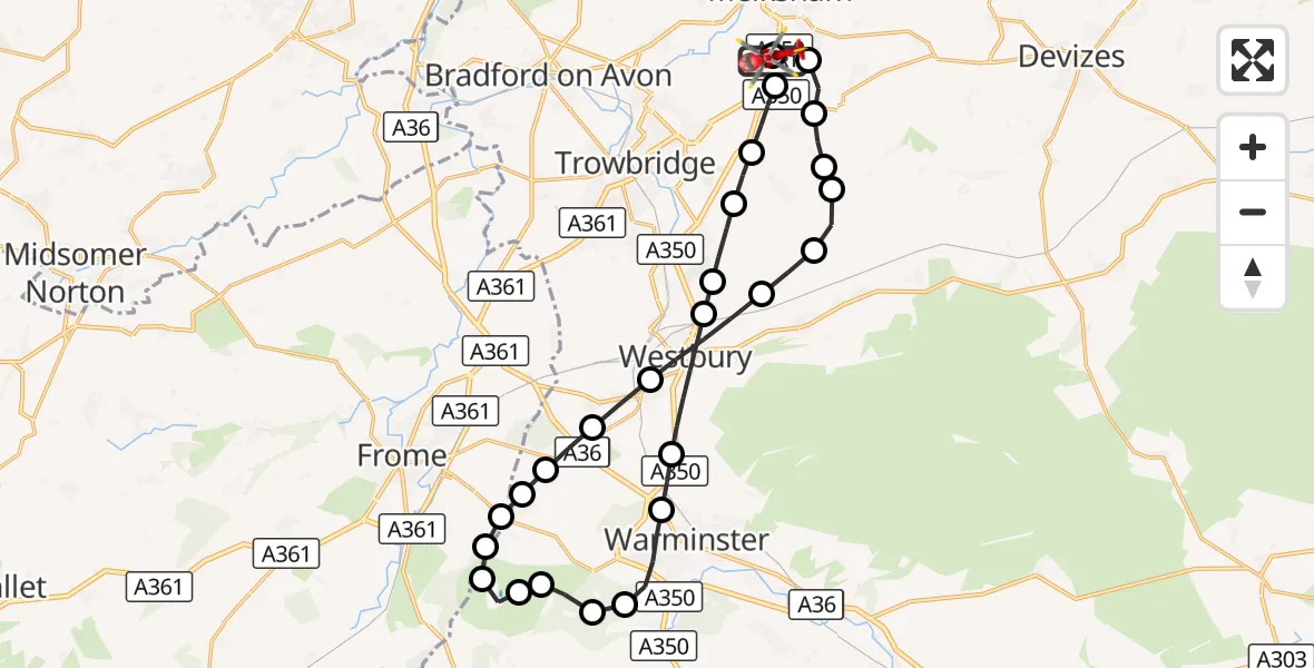 Flight route Air Ambulance Helicopter Wiltshire Air Ambulance - Melksham, 30 September 2026, 11:35