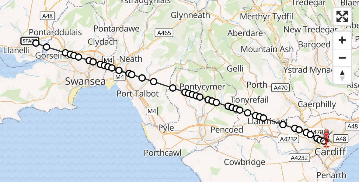 Flight route Air Ambulance Helicopter Dafen - Birchgrove, 30 September 2026, 11:45