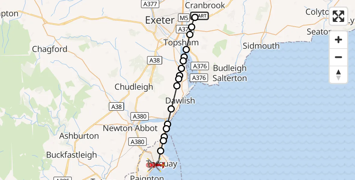 Flight route Air Ambulance Helicopter Exeter International Airport - Torquay, 30 September 2026, 11:45